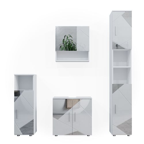 Meubles Bain Irma 39666 Blanc Brillant Avec Inserts 4 Pièces, Avec Armoire Haute