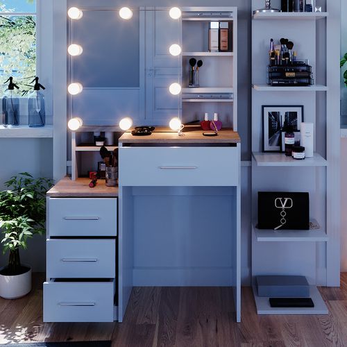 Coiffeuse Conrada, Blanc/sonoma, 80cm Avec Éclairage LED