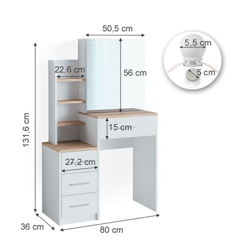 Coiffeuse Conrada, Blanc/sonoma, 80cm Avec Éclairage LED