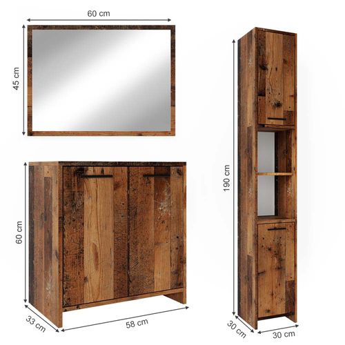 Meubles Bain Kiko 40109 Chêne Rustique 3 Pièces, Avec Armoire Haute