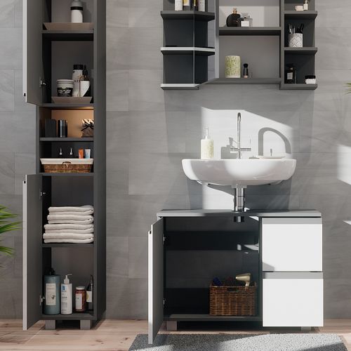 Meubles Bain J-shape 40131 Anthracite 3 Pièces, Avec Armoire Haute