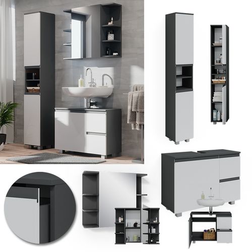 Meubles Bain J-shape 40131 Anthracite 3 Pièces, Avec Armoire Haute