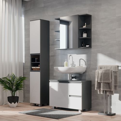 Meubles Bain J-shape 40131 Anthracite 3 Pièces, Avec Armoire Haute