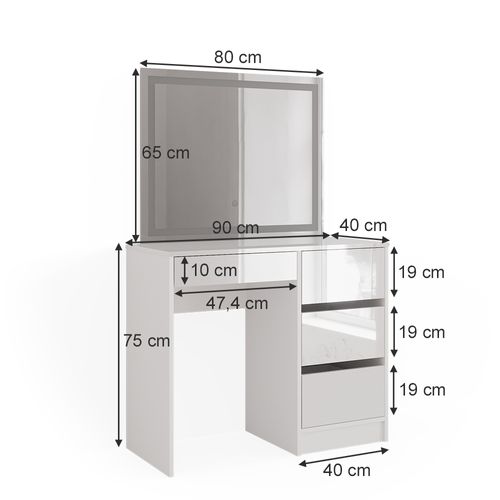 Coiffeuse Sherry 40170 Blanc Haute Brillance 90cm Avec Miroir LED