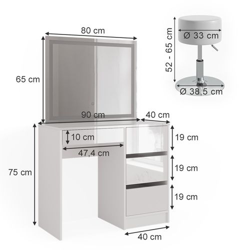Coiffeuse Sherry 40171 Blanc 90cm Avec Miroir LED Et Tabouret