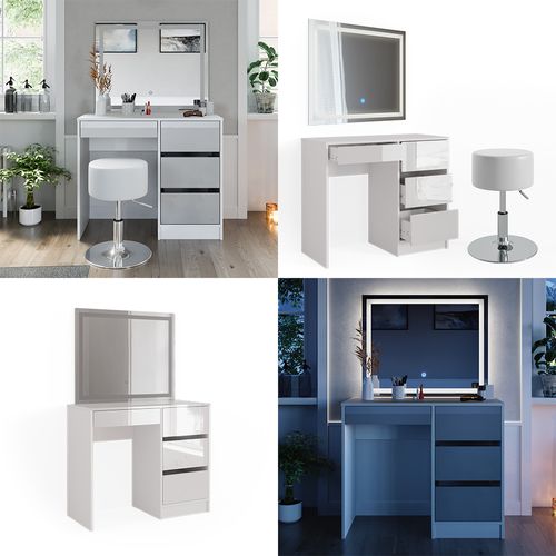 Coiffeuse Sherry 40171 Blanc 90cm Avec Miroir LED Et Tabouret