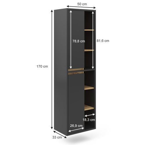 Colonne De Salle De Bain Viola, Anthracite, 50x170cm Avec Portes, Et Compartiments Ouverts