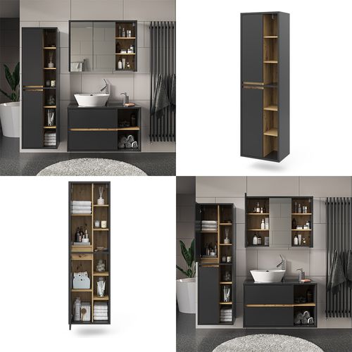 Colonne De Salle De Bain Viola, Anthracite, 50x170cm Avec Portes, Et Compartiments Ouverts