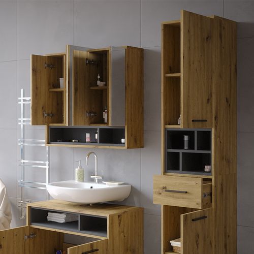 Meuble Salle De Bain Beatrice 40165 Chêne Artisan/anthracite 38x190cm Avec Portes, Tiroir