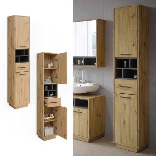 Meuble Salle De Bain Beatrice 40165 Chêne Artisan/anthracite 38x190cm Avec Portes, Tiroir