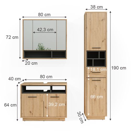 Ensemble Meubles Bain Beatrice, Chêne Artisan, 3 Pièces