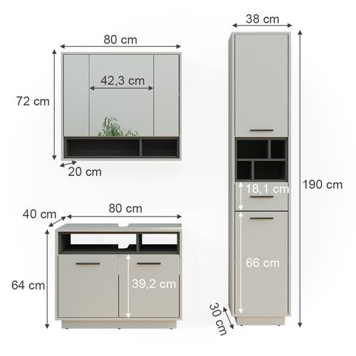 Ensemble Meubles Bain Beatrice, Gris, 3 Pièces