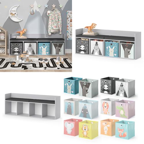 Étagère Pour Enfants Luigi 40492 Blanc 107.2x88.6cm 4 Compartiments, Avec Boîtes Pliantes Grises