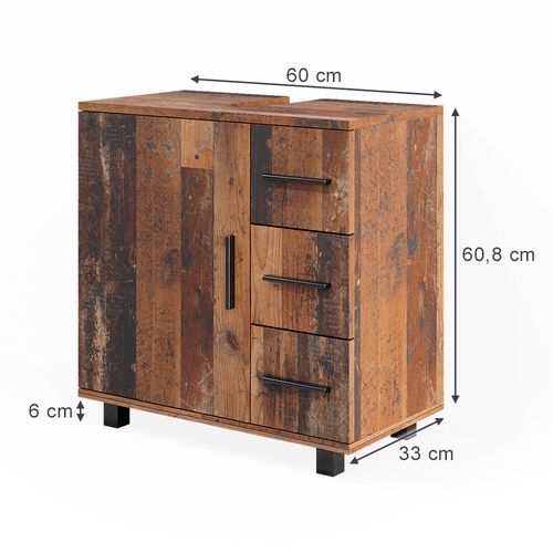 Meuble Sous Vasque Simple Ilias 40485 Chêne Rustique 60x60.8cm Avec Porte Et 3 Tiroirs