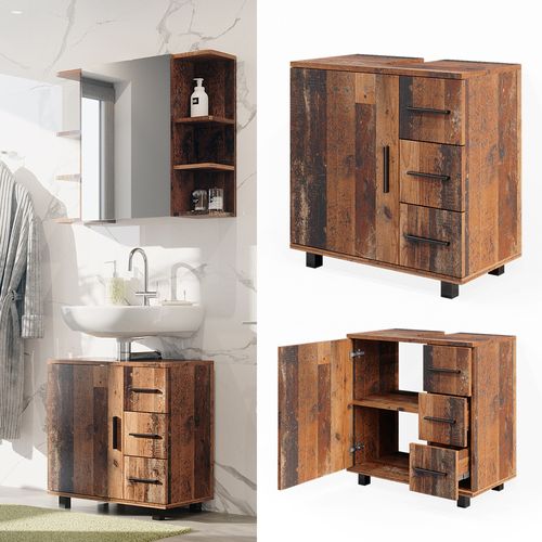 Meuble Sous Vasque Simple Ilias 40485 Chêne Rustique 60x60.8cm Avec Porte Et 3 Tiroirs