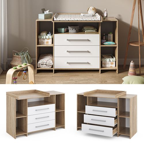 Commode à Langer Oskar 40347 Blanc/sonoma 143x100cm XL Avec Tiroirs