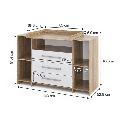Commode à Langer Oskar 40347 Blanc/sonoma 143x100cm XL Avec Tiroirs