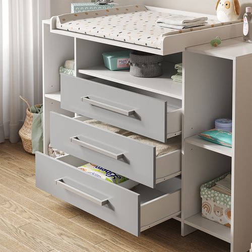 Commode à Langer Oskar, Blanc/gris, 143x100cm XL Avec Tiroirs