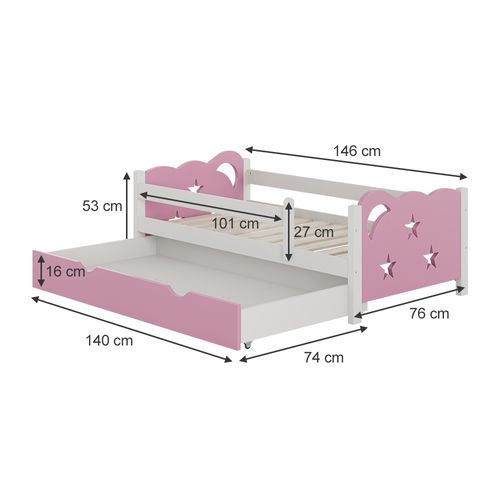 Lit Pour Enfant Jessica 40321 Rose 70x140 Cm Avec Tiroir, Sans Matelas