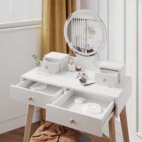 Coiffeuse Finya 40317 Blanc 80cm Avec Miroir LED Et Tabouret