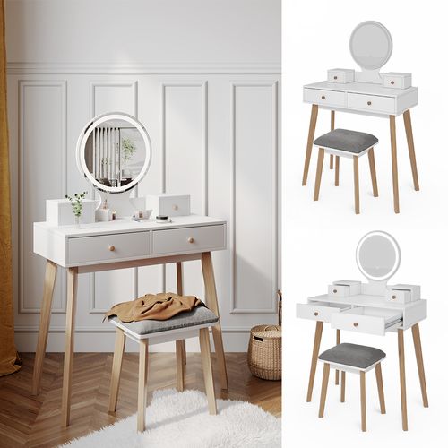 Coiffeuse Finya 40317 Blanc 80cm Avec Miroir LED Et Tabouret