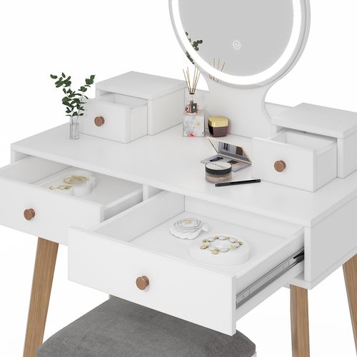 Coiffeuse Finya 40317 Blanc 80cm Avec Miroir LED Et Tabouret