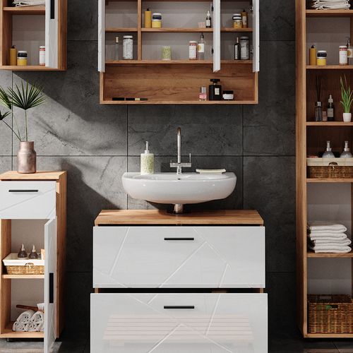 Meubles Bain Irma 40550 Blanc Brillant/chêne Doré 5 Pièces