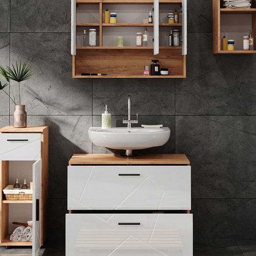Meubles Bain Irma 40548 Blanc Brillant/chêne Doré 4 Parties