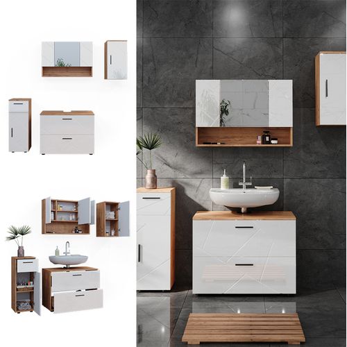 Meubles Bain Irma 40548 Blanc Brillant/chêne Doré 4 Parties