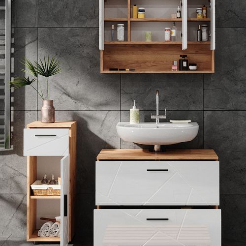 Meubles Bain Irma 40547 Blanc Brillant/chêne Doré 3 Pièces, Armoire à Tiroirs Et Armoire Centrale