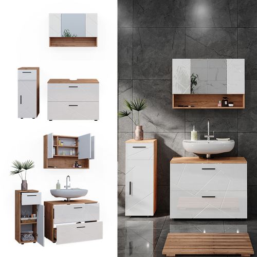 Meubles Bain Irma 40547 Blanc Brillant/chêne Doré 3 Pièces, Armoire à Tiroirs Et Armoire Centrale
