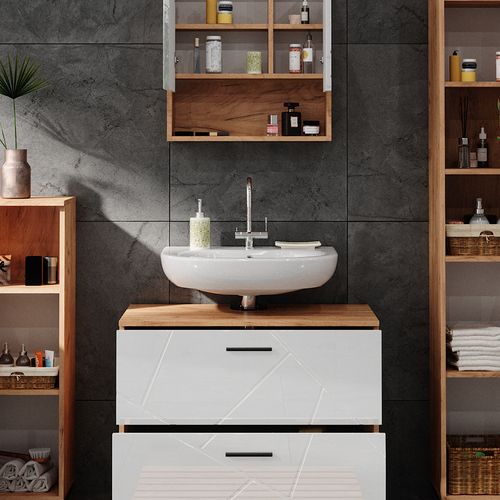 Meubles Bain Irma 40545 Blanc Brillant/chêne Doré 4 Pièces, Avec Armoire à Tiroirs Et Armoire Haute
