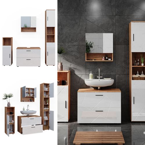Meubles Bain Irma 40545 Blanc Brillant/chêne Doré 4 Pièces, Avec Armoire à Tiroirs Et Armoire Haute