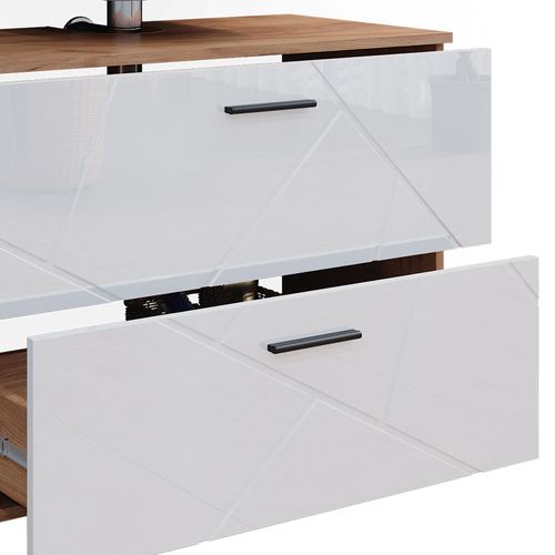 Meubles Bain Irma 40543 Blanc Brillant/chêne Doré 4 Pièces, Armoire à Tiroirs Et Armoire Centrale