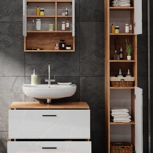 Meubles Bain Irma 40542 Blanc Brillant/chêne Doré 3 Pièces, Avec Armoire à Tiroirs Et Armoire Haute