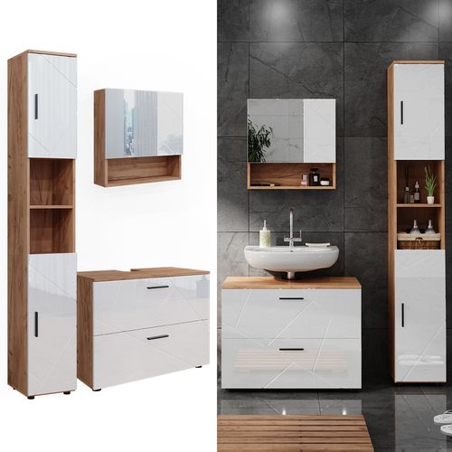Meubles Bain Irma 40542 Blanc Brillant/chêne Doré 3 Pièces, Avec Armoire à Tiroirs Et Armoire Haute