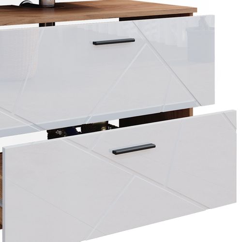 Meubles Bain Irma 40542 Blanc Brillant/chêne Doré 3 Pièces, Avec Armoire à Tiroirs Et Armoire Haute