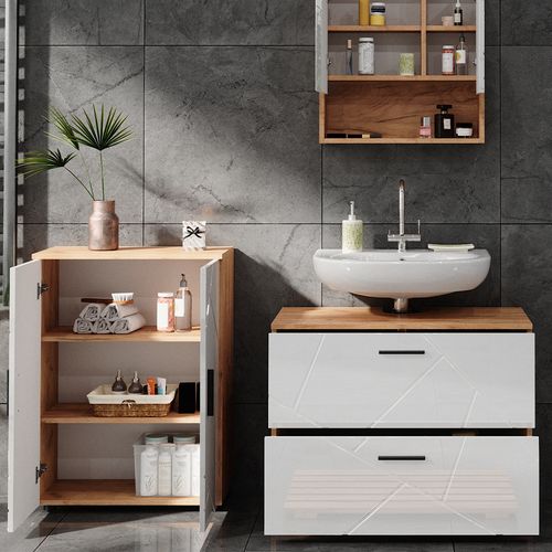 Meubles Bain Irma 40541 Blanc Brillant/chêne Doré 3 Parties