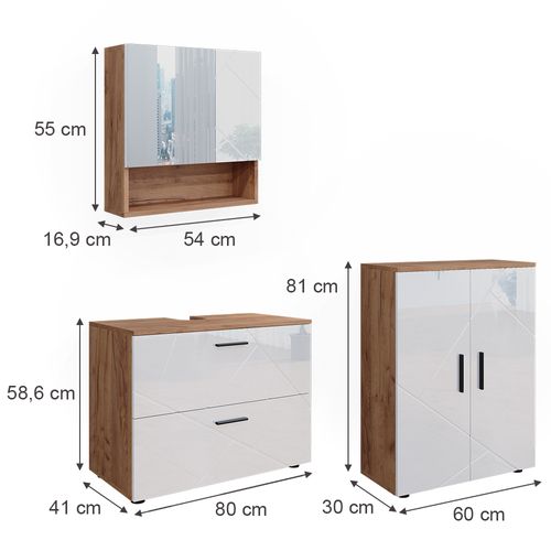 Meubles Bain Irma 40541 Blanc Brillant/chêne Doré 3 Parties