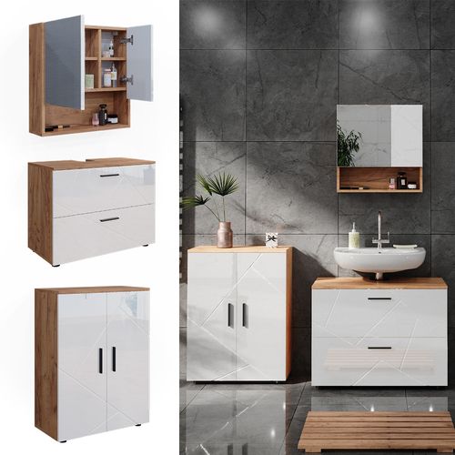 Meubles Bain Irma 40541 Blanc Brillant/chêne Doré 3 Parties