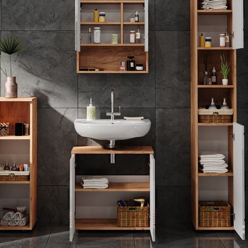 Meubles Bain Irma 40539 Blanc Brillant/chêne Doré 4 Pièces, Avec Armoire Haute