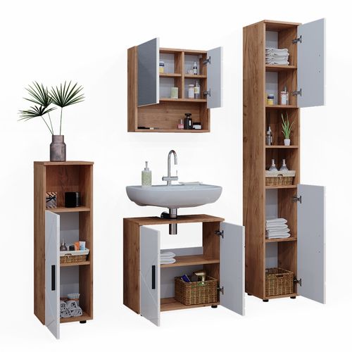 Meubles Bain Irma 40539 Blanc Brillant/chêne Doré 4 Pièces, Avec Armoire Haute