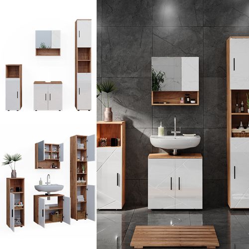 Meubles Bain Irma 40539 Blanc Brillant/chêne Doré 4 Pièces, Avec Armoire Haute