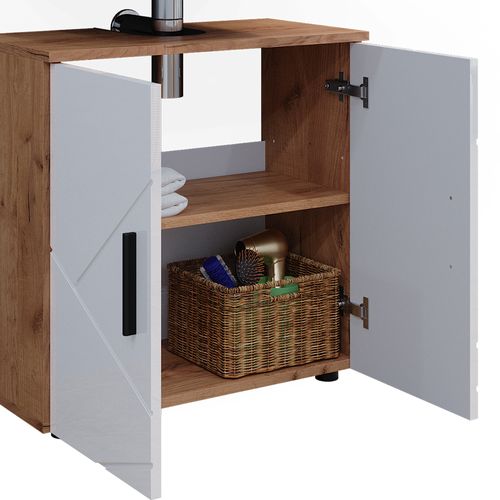 Meubles Bain Irma 40535 Blanc Brillant/chêne Doré 3 Pièces, Avec Armoire Basse 60 Cm