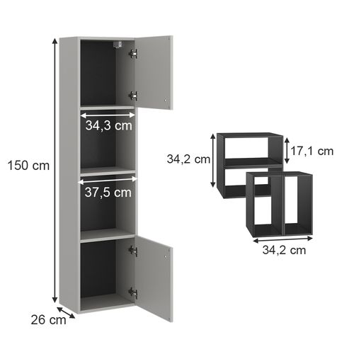 Colonne De Salle De Bain Gerta, Gris, 37.5x150cm Avec Porte Et Compartiments Ouverts