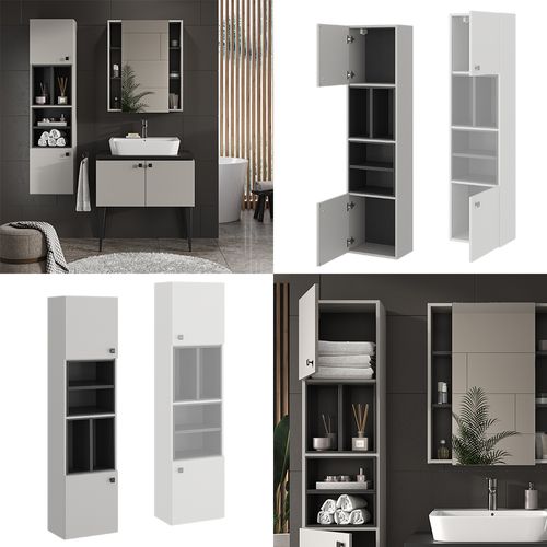 Colonne De Salle De Bain Gerta, Gris, 37.5x150cm Avec Porte Et Compartiments Ouverts