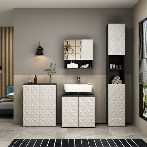 Meuble Salle De Bain Edge, Noir, 60x79.5cm Avec 2 Portes Et 3 Compartiments