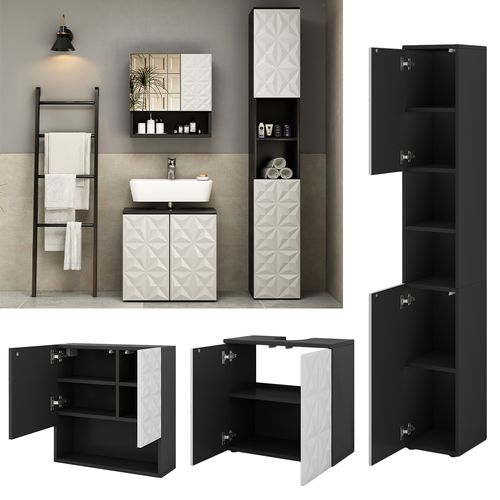 Meubles Bain Edge 40566 Noir 3 Pièces, Avec Armoire Haute