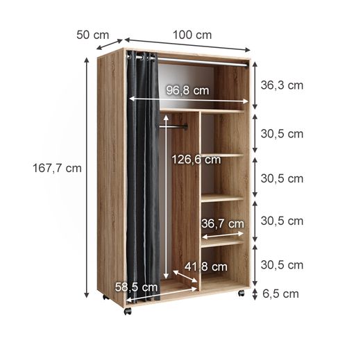 Armoire Doros 40635 Sonoma 100x168cm Ouvert, Avec Roulettes