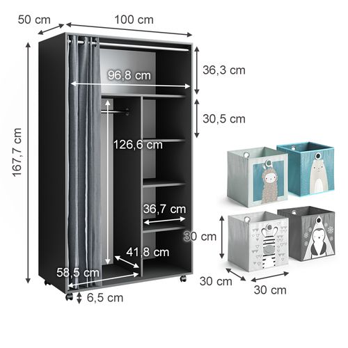 Armoire Doros 40641 Gris 100x168cm Ouvert, Avec Roulettes